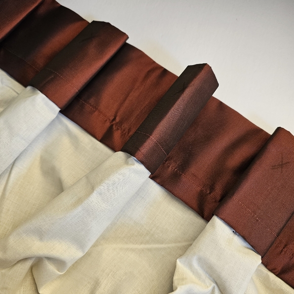 Two custom panels burgundy bronze striped tafetta pleated lined drapes 48x84.5". - Picture 3 of 6